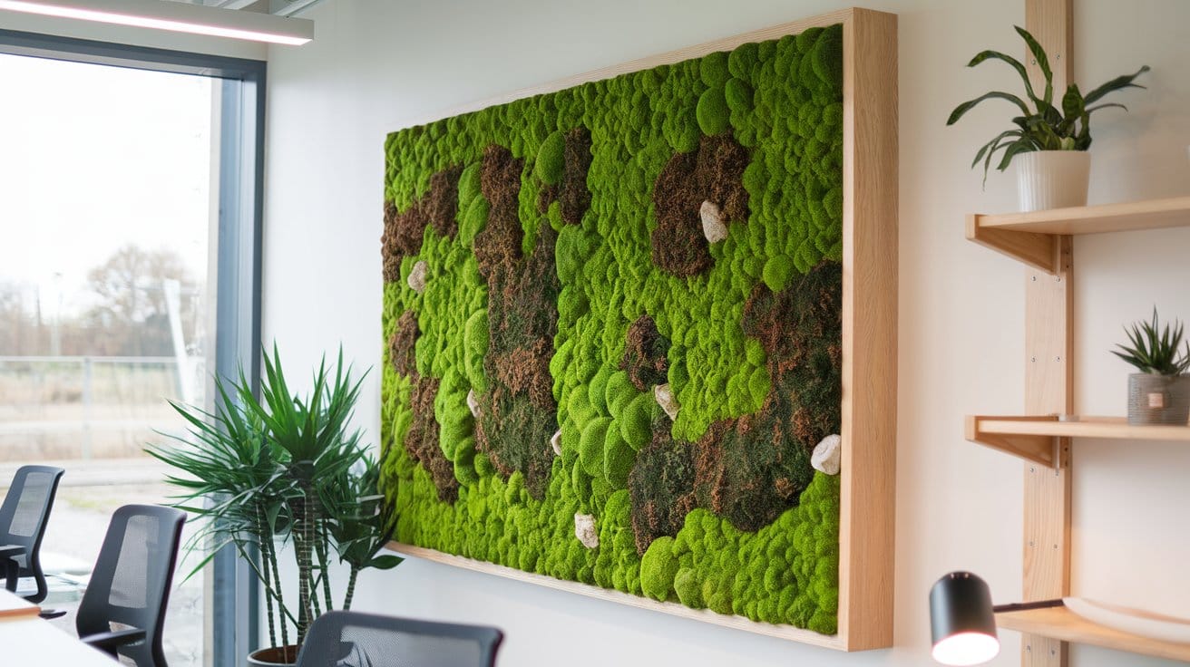 Moss wall art in a modern minimalist living room