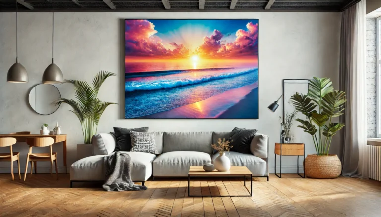 Stunning beach photography wall art with sunset over ocean waves.