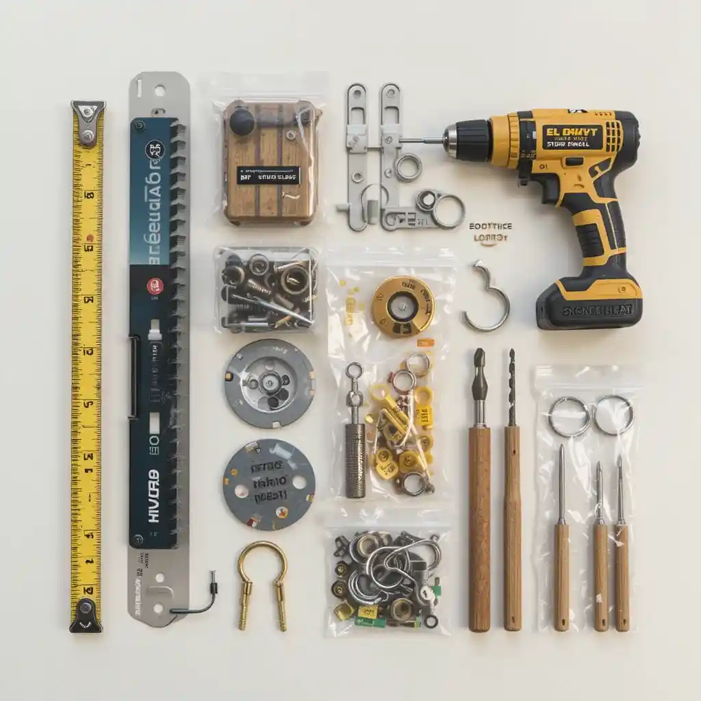 How to hang wood art on wall: essential tools and hardware flat lay