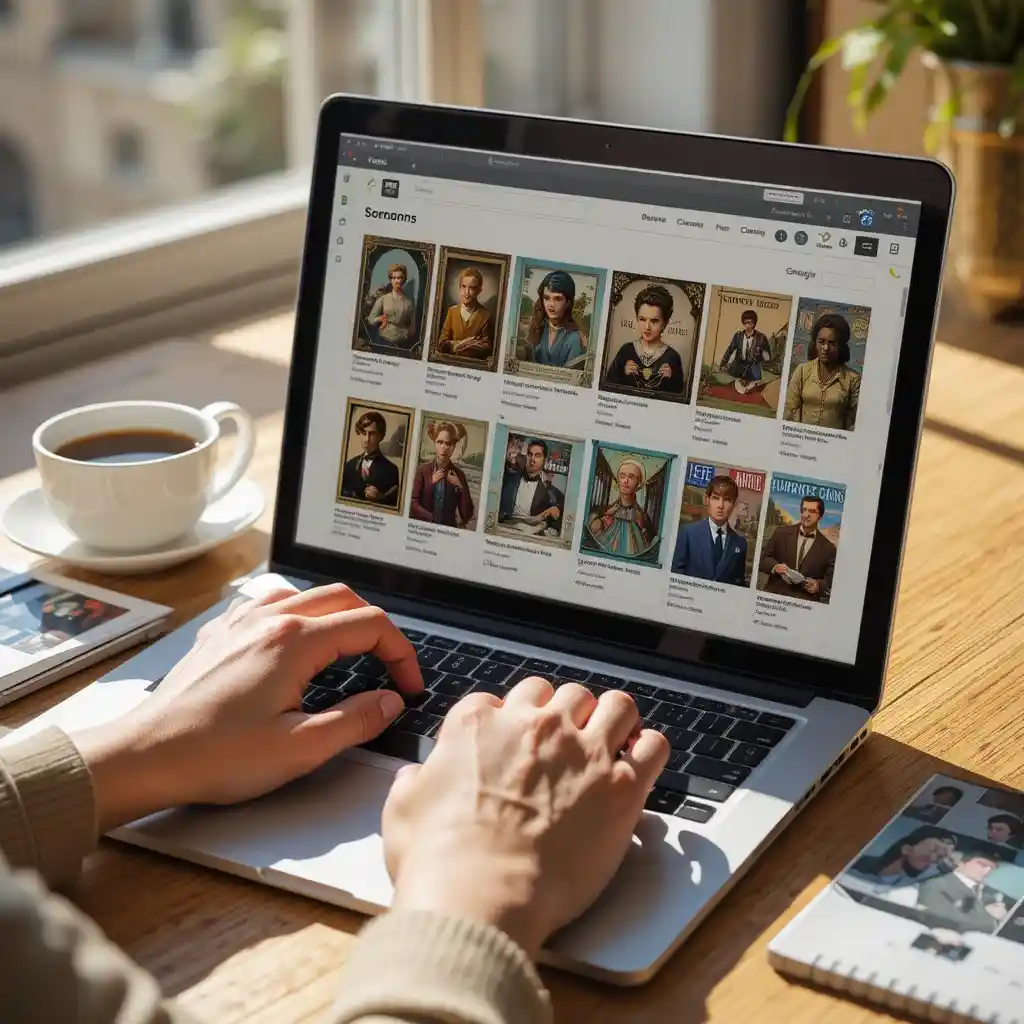Browsing options on Marketplaces for Vintage Wall Art via laptop