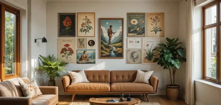 Collection of prints from top Marketplaces for Vintage Wall Art displayed above a sofa