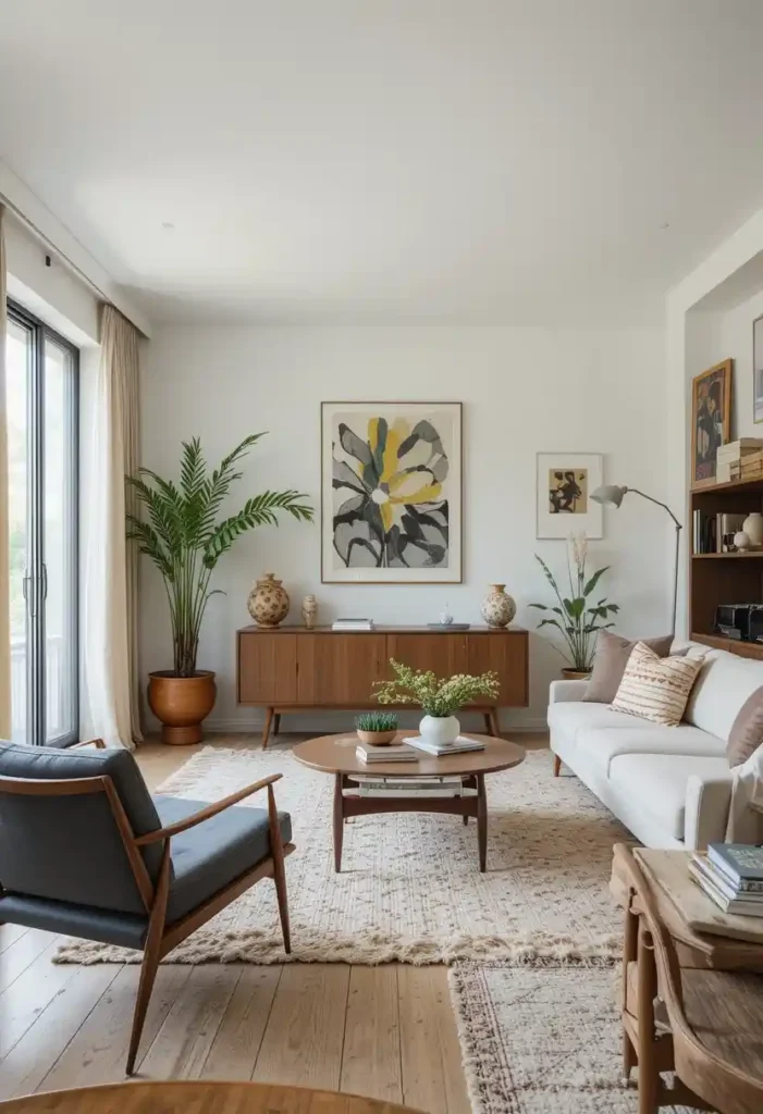 Mid century modern interior with geometric rug	