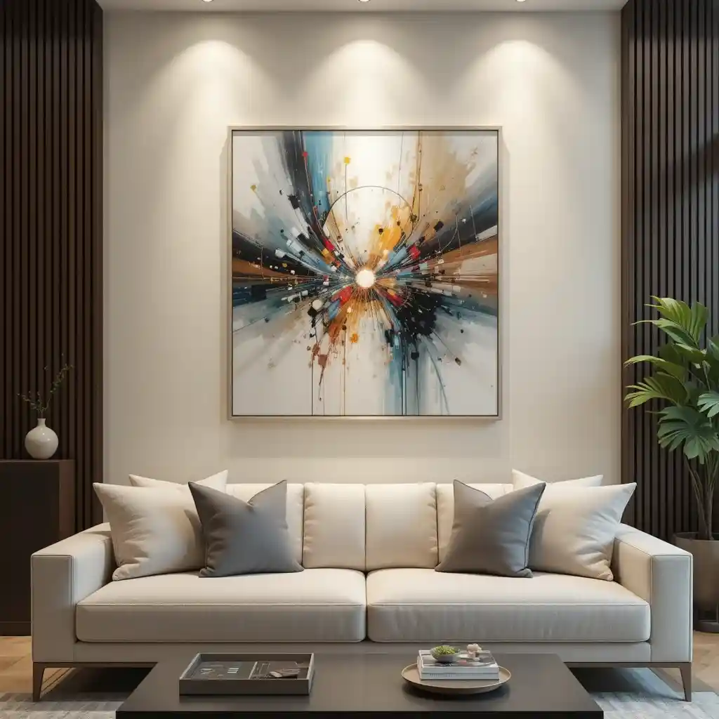 Modern Abstract Wall Art centered above sofa in living room
