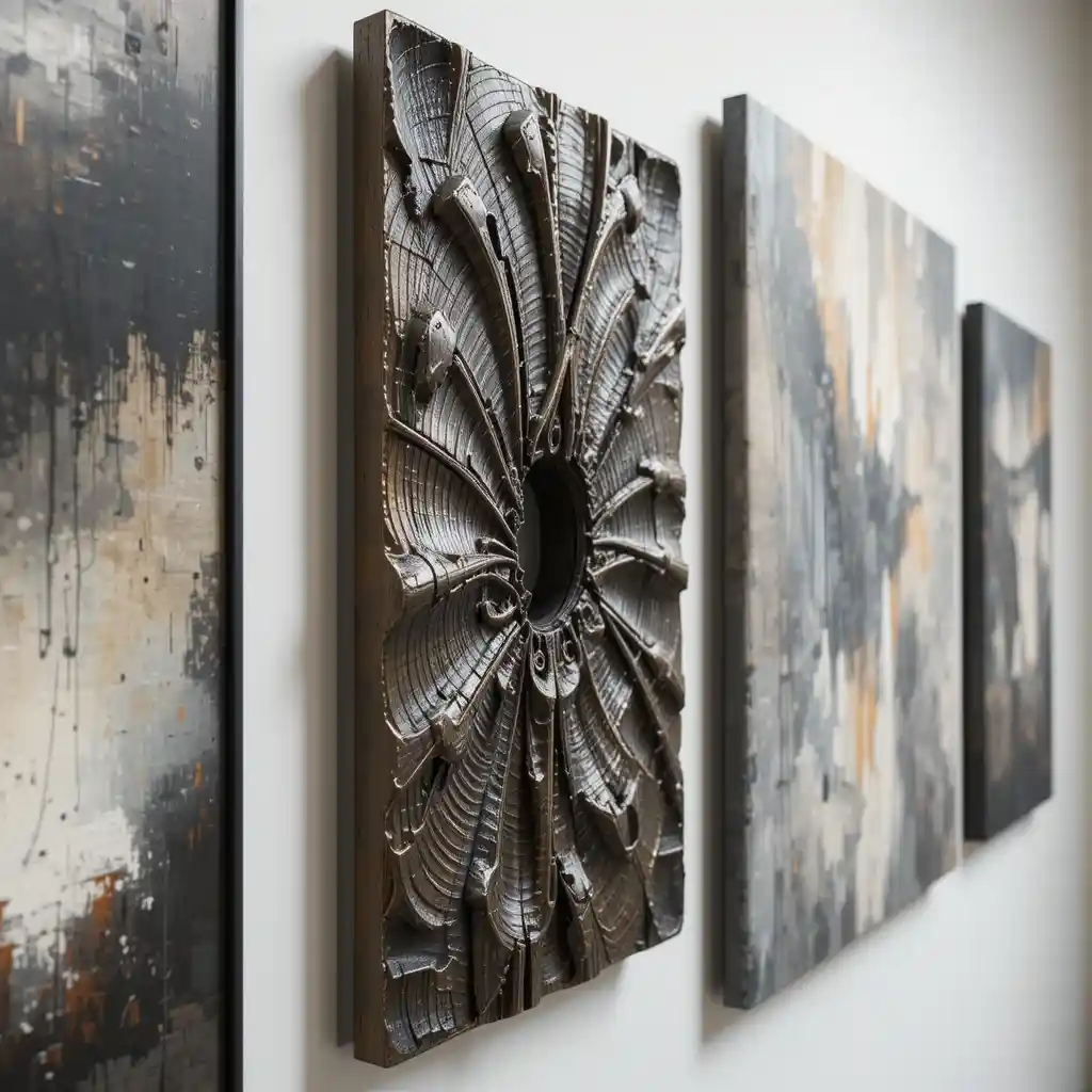 Geometric Modern Abstract Wall Art panels behind office desk
