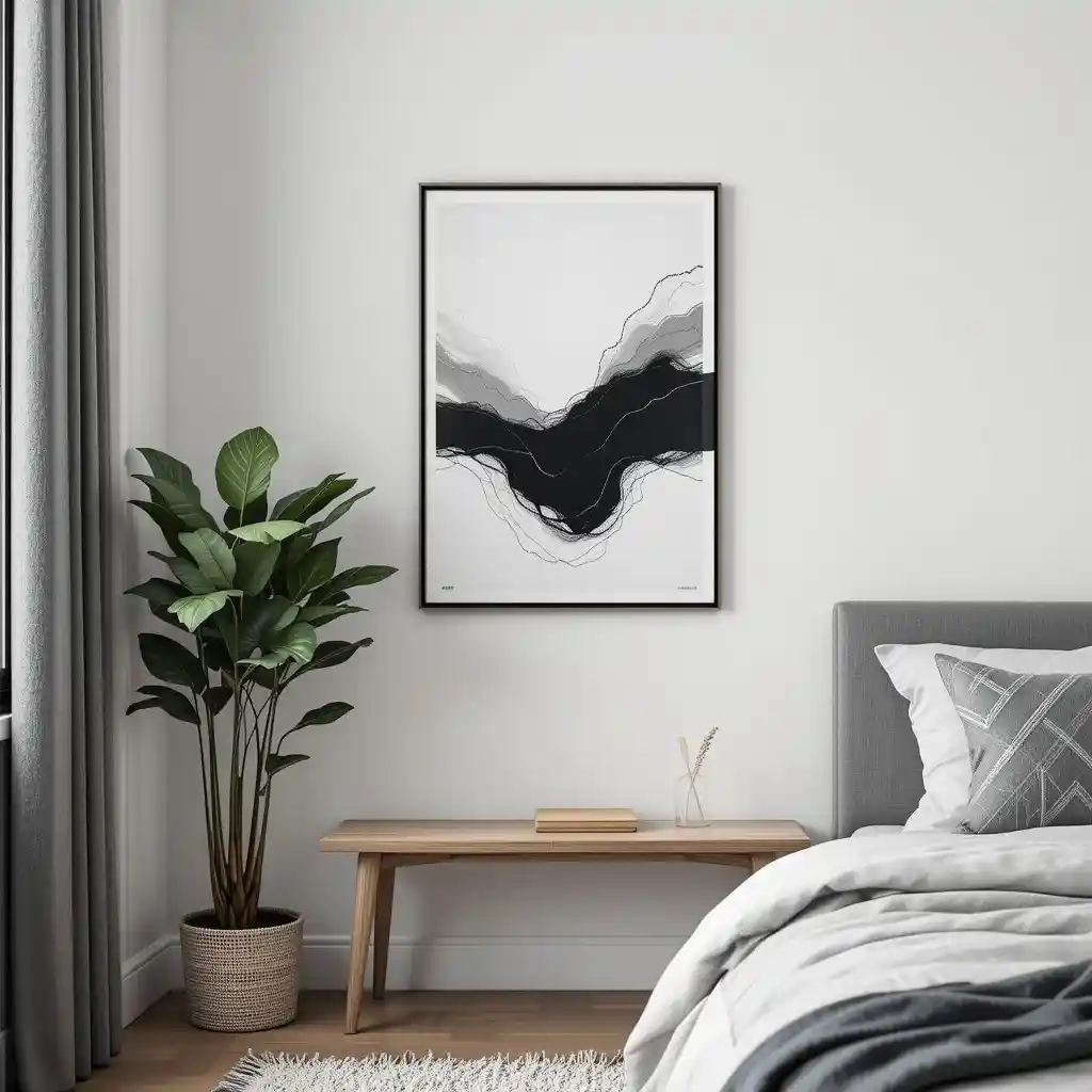 Minimalist Modern Abstract Wall Art in black and white above bench