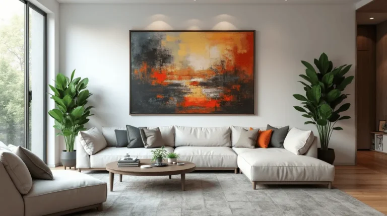 Modern living room with large abstract wall art, green plants, and sleek furniture, showcasing 2024 wall art trends