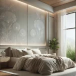 Modern glass wall art above a sofa in a bright living room