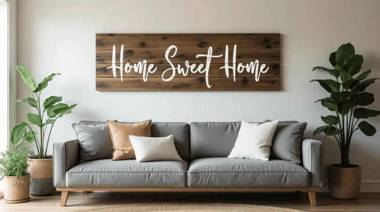 Rustic wooden wall art sign above a cozy living room sofa.