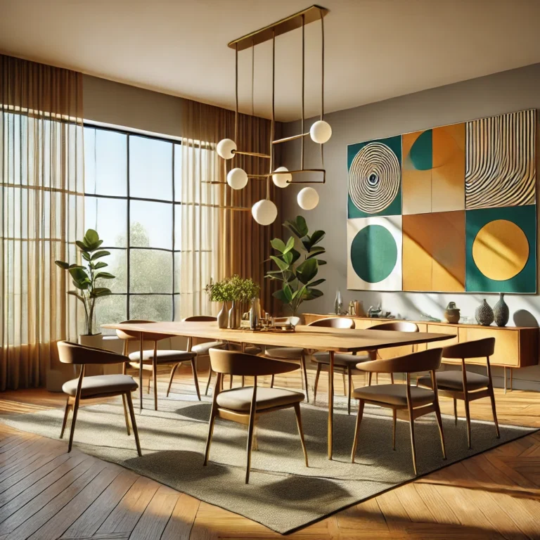 Mid century modern wall art in a bright living room