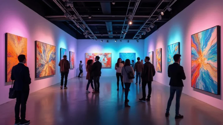 Modern art gallery featuring innovative works by emerging artists in 2024, with visitors admiring the creations.