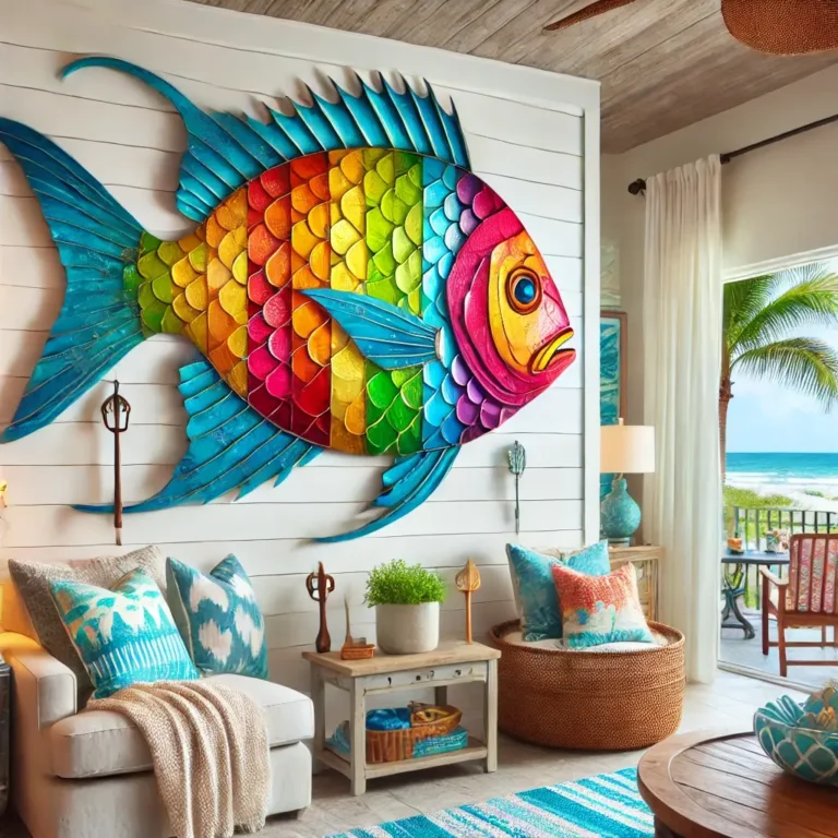 Metal fish wall art in a bright coastal living room