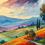 Abstract landscape painting with bold colors and texture