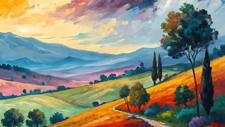 Abstract landscape painting with bold colors and texture