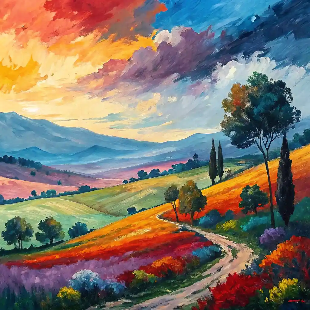 Artist painting acrylic abstract landscape