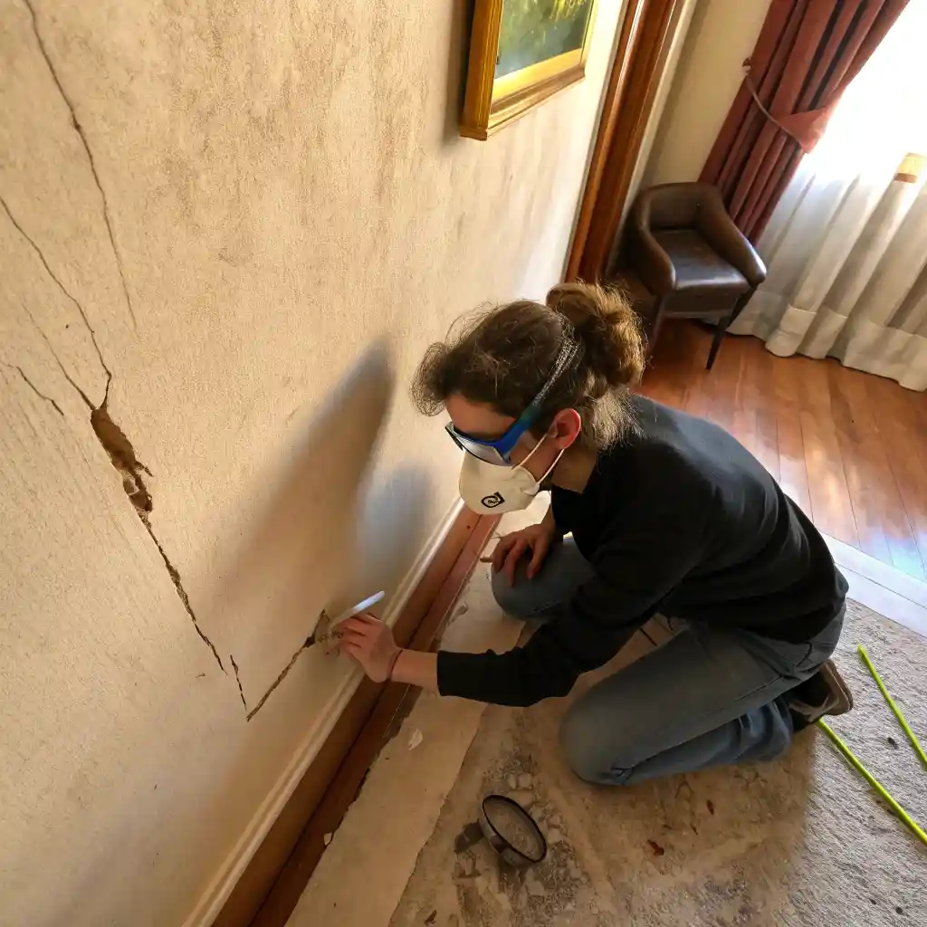 Hands applying plaster patch to a cracked wall, fixing damage caused while hanging pictures on plaster walls.