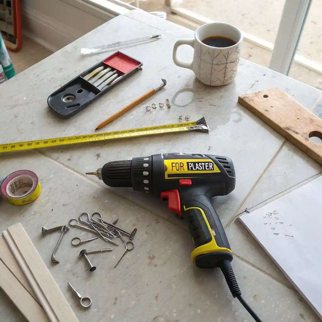 Tools laid out on a table including a drill, stud finder, anchors, and picture hooks, for hanging pictures on plaster walls.