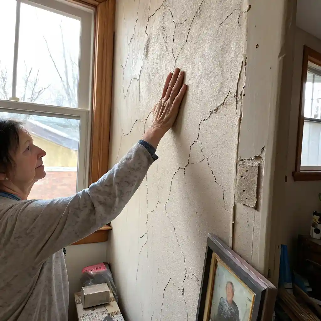 Hand tapping on an old plaster wall with visible texture and minor cracks, explaining how to hang pictures on plaster walls.