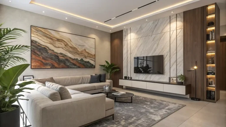 Modern art wall decor above a neutral-toned sofa in a stylish living room