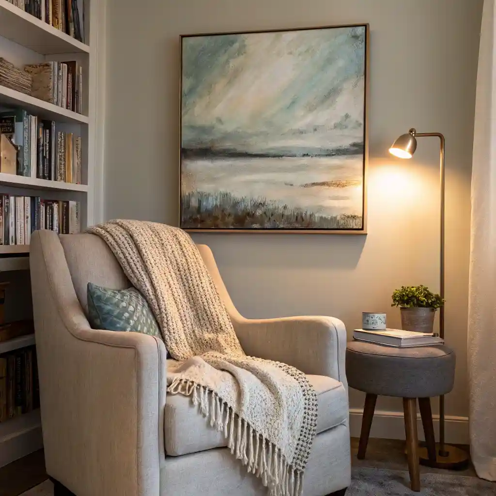 Serene abstract painting as modern art wall decor in a cozy corner