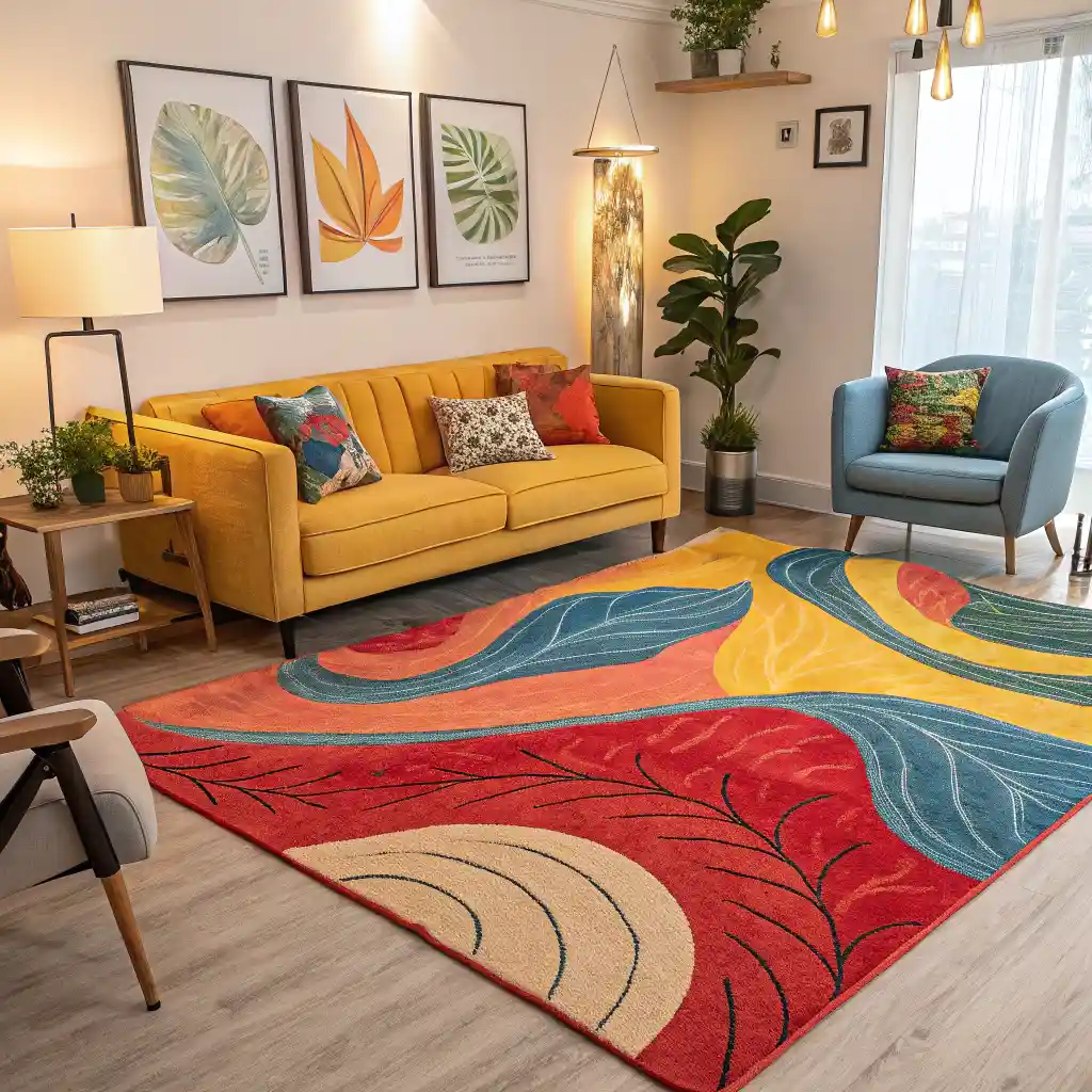 Colorful abstract area rug in a living room with bright hues and dynamic patterns.