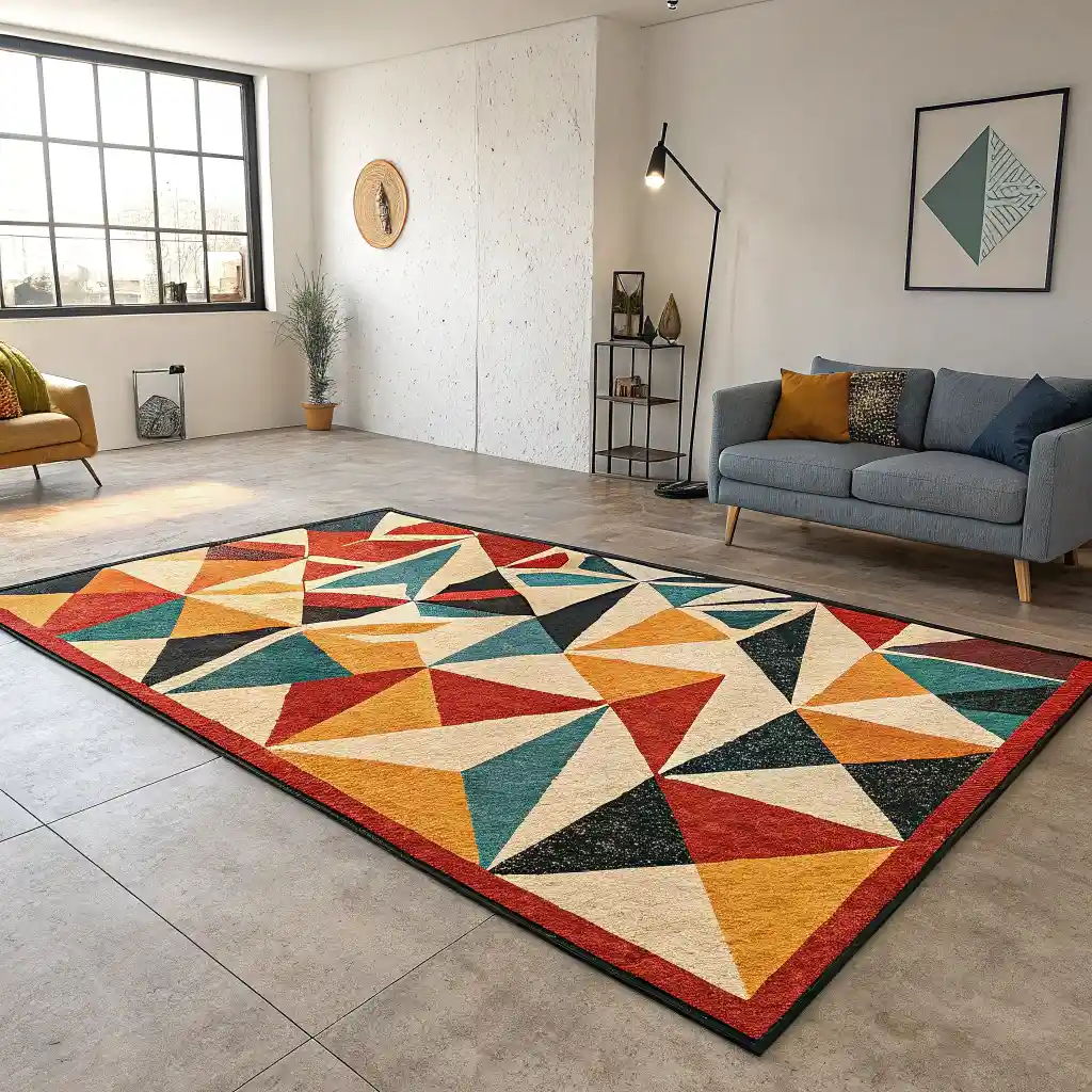 Geometric abstract area rug with bold shapes in a minimalist room.