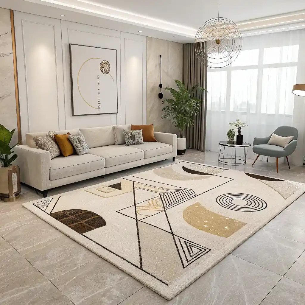 Modern abstract area rug with geometric shapes and neutral tones.