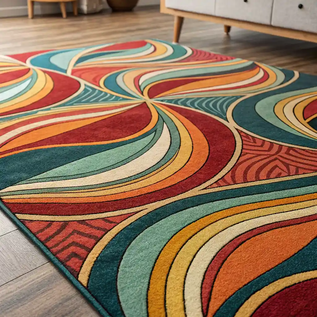 Close-up of an abstract area rug with artistic non-representational patterns.