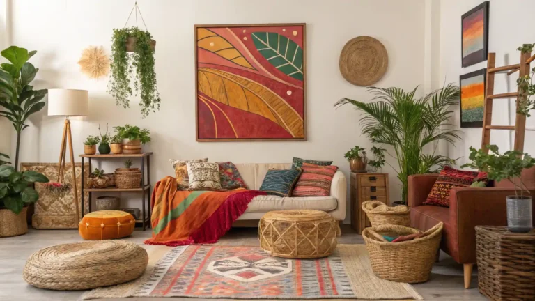 Boho Artwork - A beautifully decorated living room featuring vibrant boho artwork on the wall.