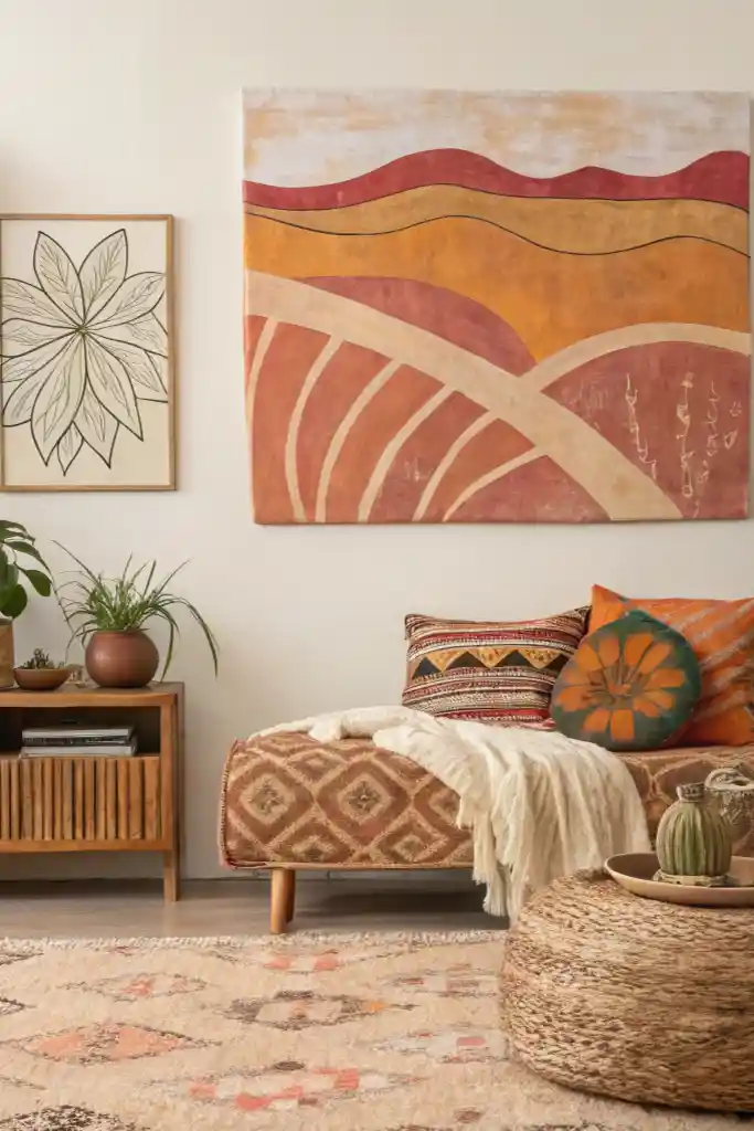 Discover Boho Artwork featuring macramé, abstract paintings, and earthy tones.