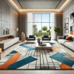 Abstract area rug as the focal point in a modern living room with bold geometric patterns.