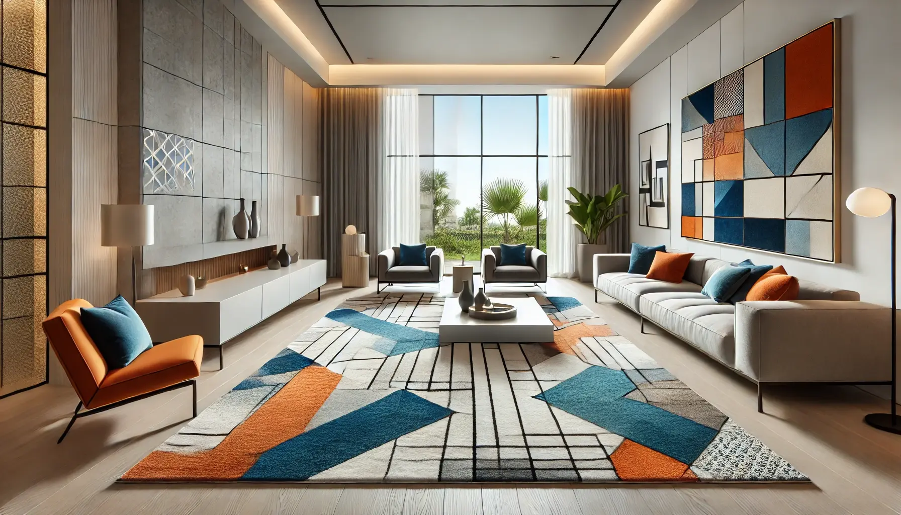 Abstract area rug as the focal point in a modern living room with bold geometric patterns.