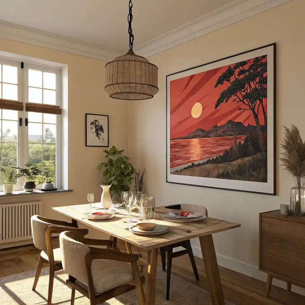 Dining room with a bold art piece creating a focal point above the table.
