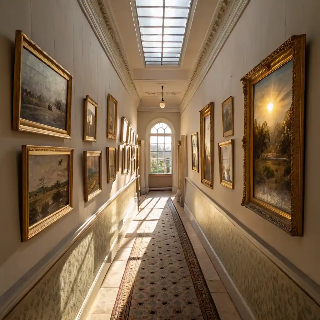 Hallway with symmetrical wall art arrangement under natural daylight.