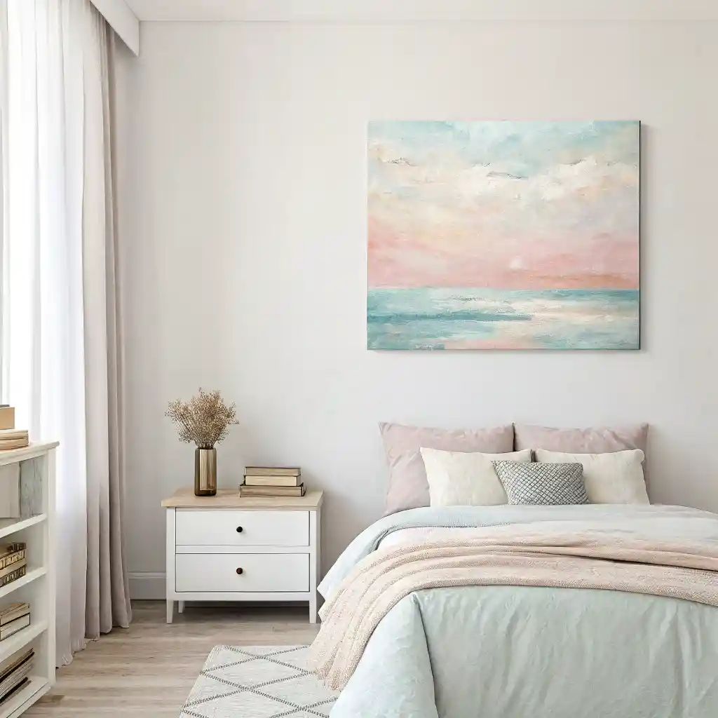 Minimal bedroom with soft-toned abstract art complementing decor.