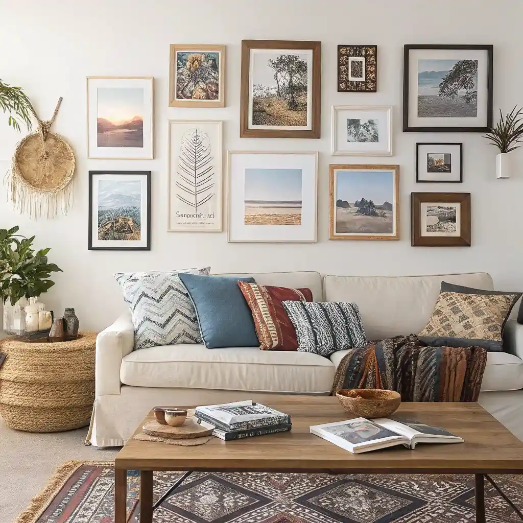 Lived-in living room with eclectic gallery wall and cozy clutter.