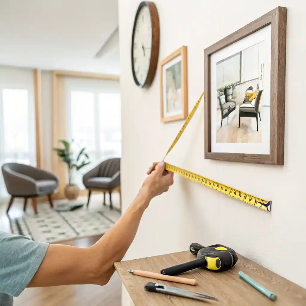 Hand measuring wall space before hanging framed art, in a home setting.