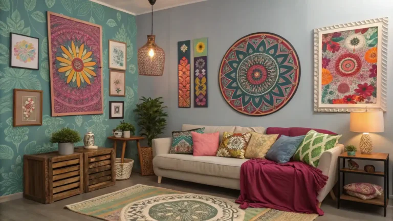 Bohemian living room with colorful abstract artwork and eclectic wall decor.