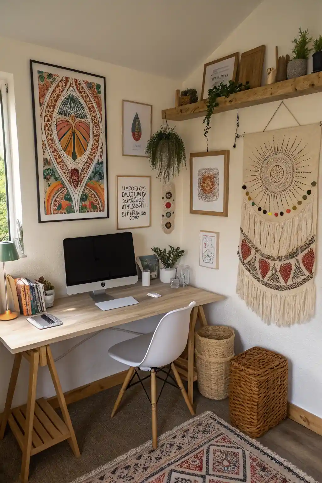 Bohemian artwork enhancing a cozy home office with colorful and eclectic designs.