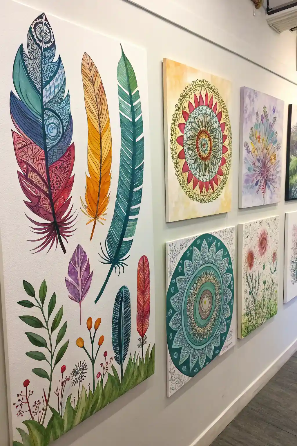 Bohemian artwork displayed in a modern living room with sleek furniture and vibrant décor.