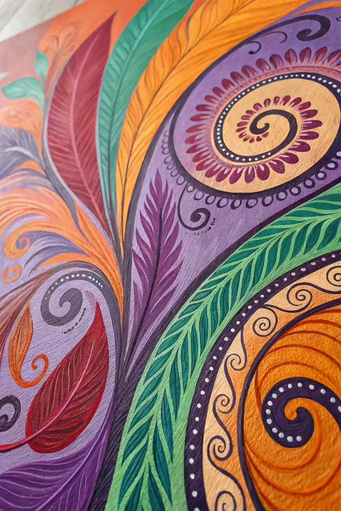Close-up of Bohemian artwork featuring abstract design with vibrant colors and intricate textures.