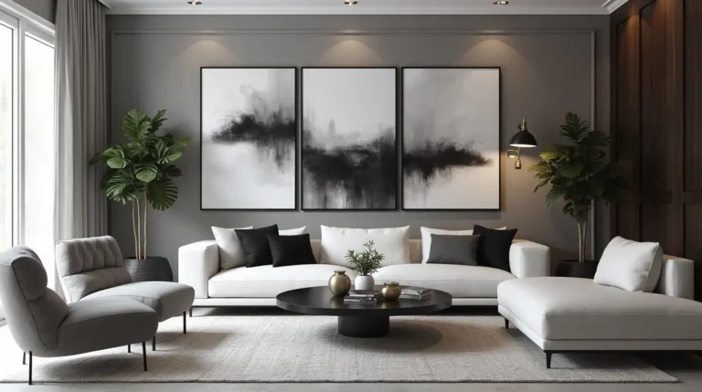 Elegant living room with black and white wall art, including abstract paintings and photography, complemented by modern furnishings and soft lighting.