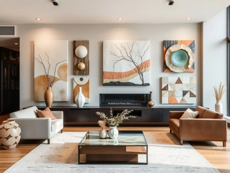 Contemporary living room with large ceramic wall art in earthy tones.