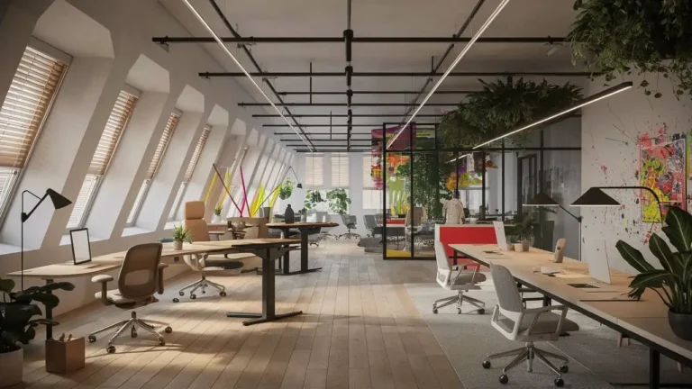 Office interior design with modern furniture, open-plan layout, and natural lighting.