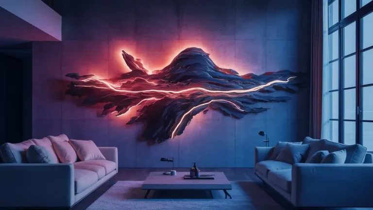 Modern living room featuring bold cool wall art
