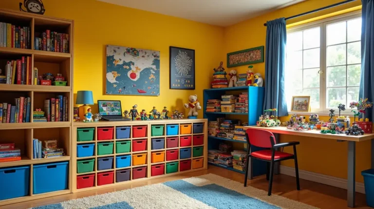 Bright Lego room with organized storage and display areas.