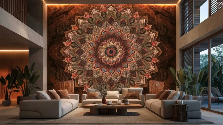 Mandala wall art focal point in a modern living room