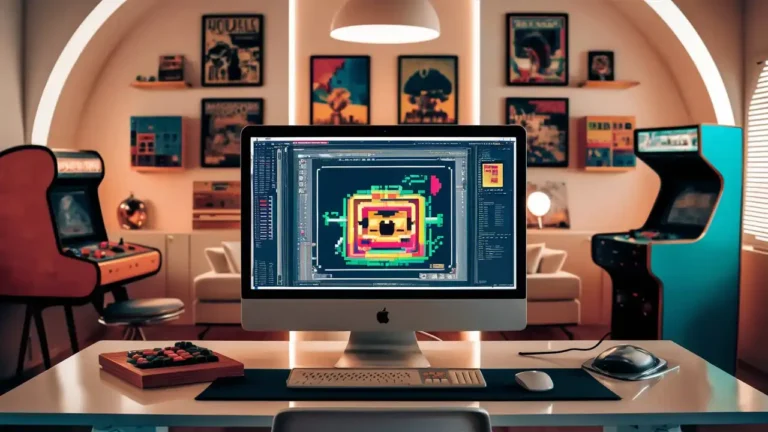 Modern workspace with creative pixel art ideas