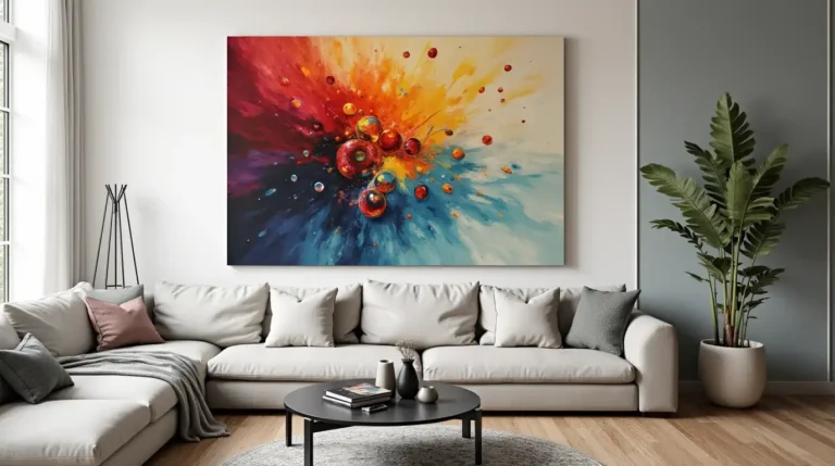 Modern living room with vibrant trendy wall art