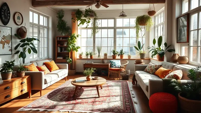 Boho Interior Design living room with vintage and modern decor