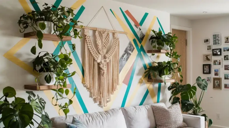Modern living room feature wall with macramé, geometric tape mural, floating shelves and gallery frames